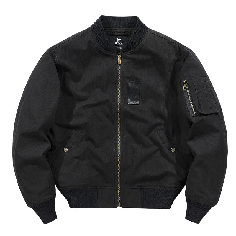 Men's  rugged cotton-twill flight bomber jacket with utility sleeve pocket and reinforced ribbed trims EB