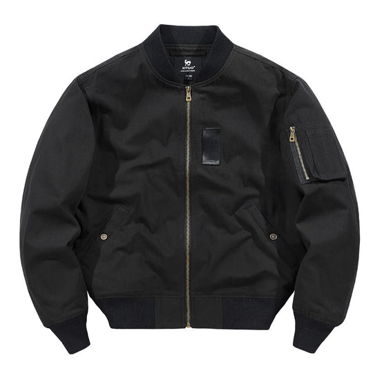 Men's  rugged cotton-twill flight bomber jacket with utility sleeve pocket and reinforced ribbed trims EB
