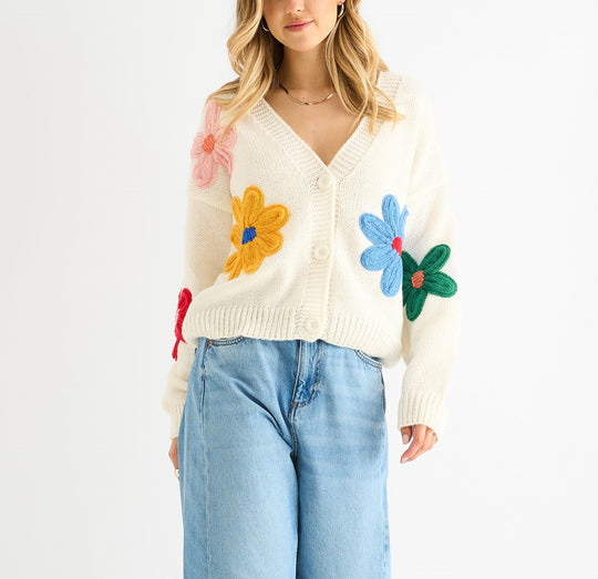 Damen Cardigan mit dreidimensionalen Blumenapplikationen und V-Ausschnitt EB