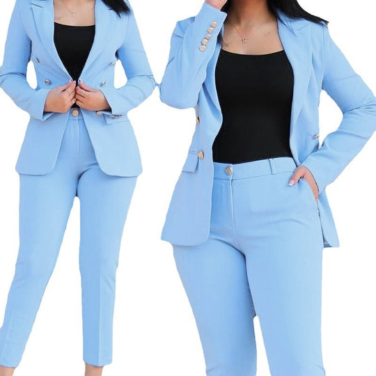 Damen nan tailliertes Business-Hosenanzug-Set mit doppelreihigem Reversblazer und schmal zulaufender Bundhose EB