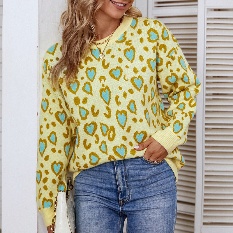 Damen verspielter Pullover mit Herz- und Leopardenmuster EB