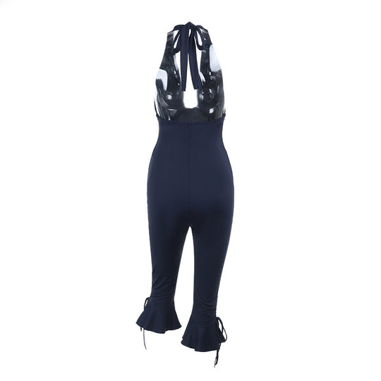Damen Eleganter Jumpsuit mit hochgeschlossenem Design und Rüschendetails EB