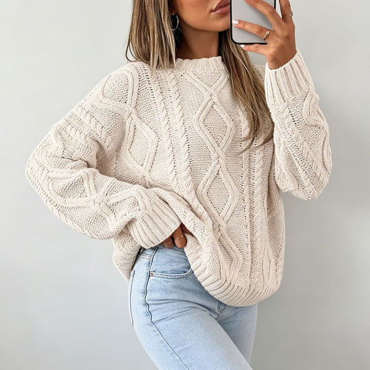 Damen Oversize Flechtstrick-Pullover mit Zopfmuster und Rundhals EB