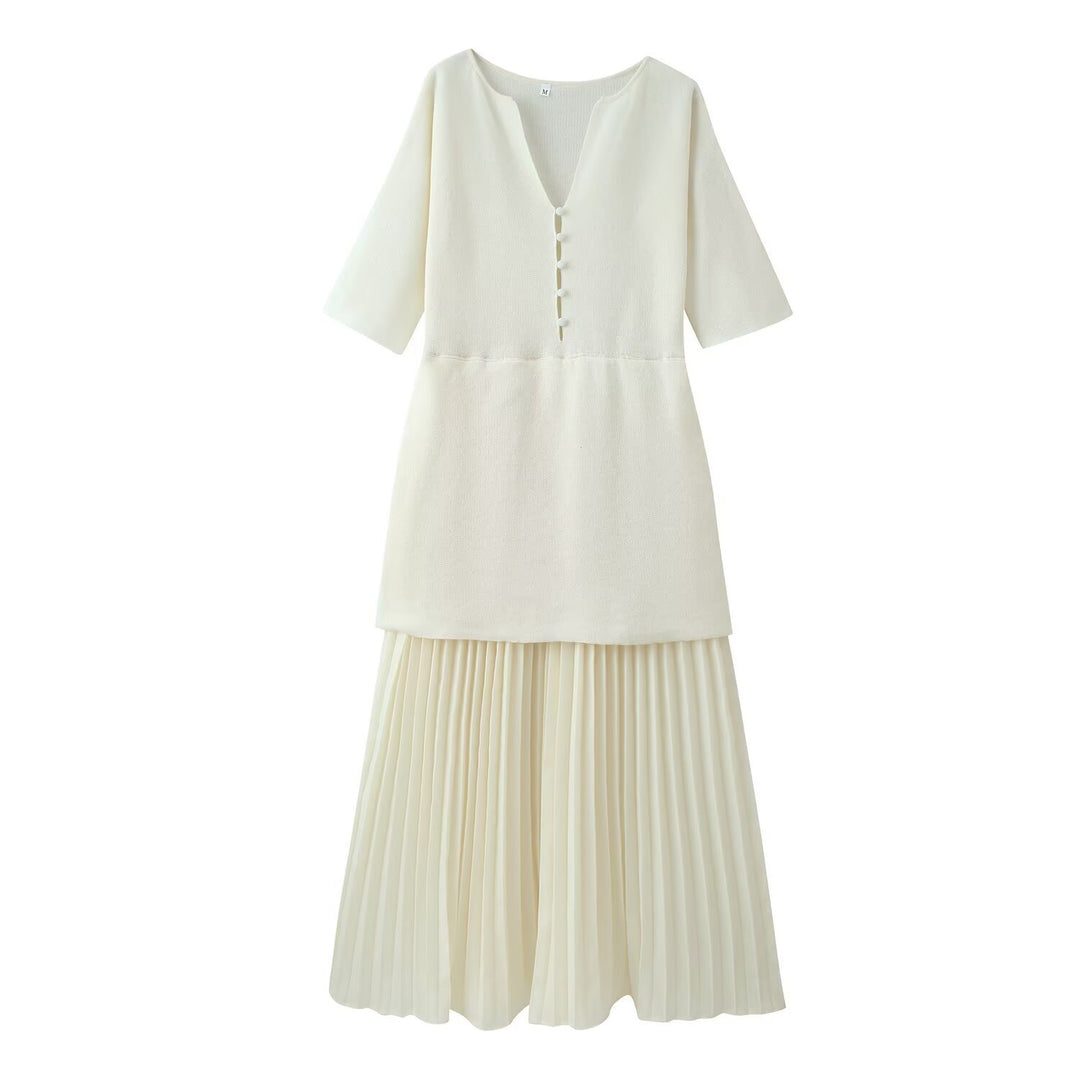 Damen plissiertes Midi-Kleid mit V-Ausschnitt EB