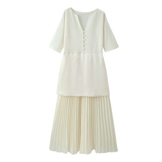 Damen plissiertes Midi-Kleid mit V-Ausschnitt EB