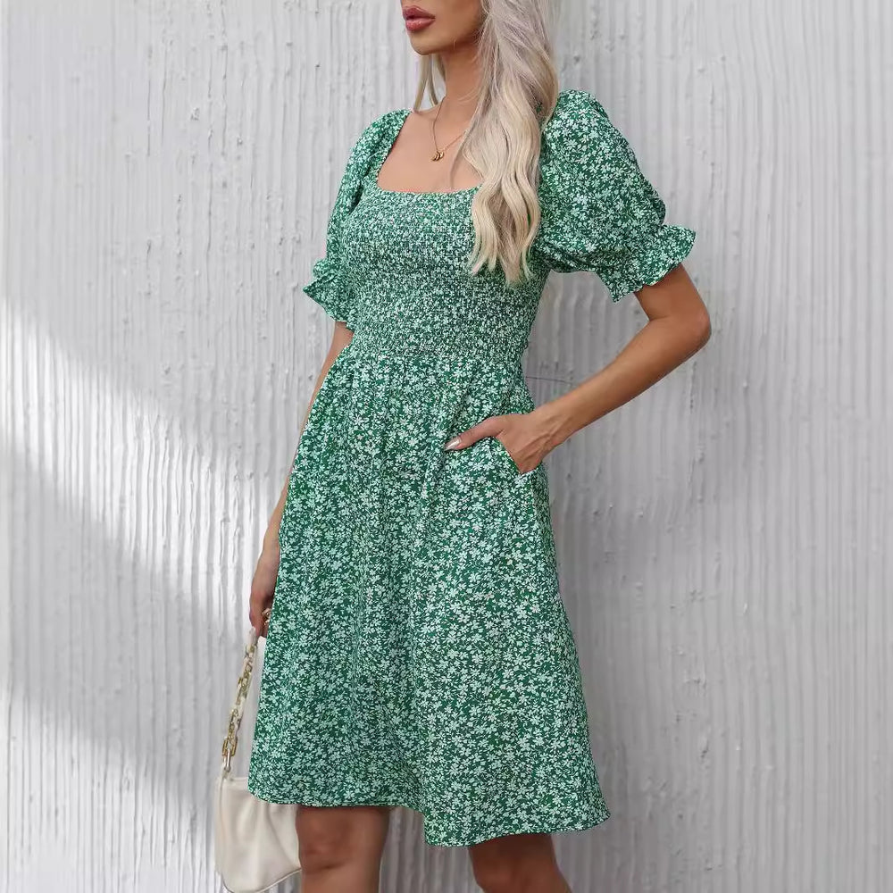 Damen Blumenkleid mit Puffärmeln und Gummizug EB