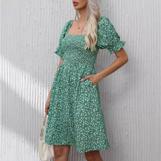 Damen Blumenkleid mit Puffärmeln und Gummizug EB