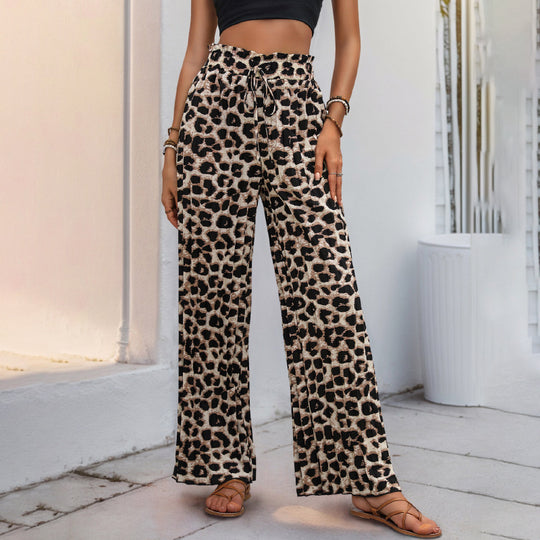 Damen Weite Leopardmuster-Hose mit elastischem Bund und Kordelzug EB