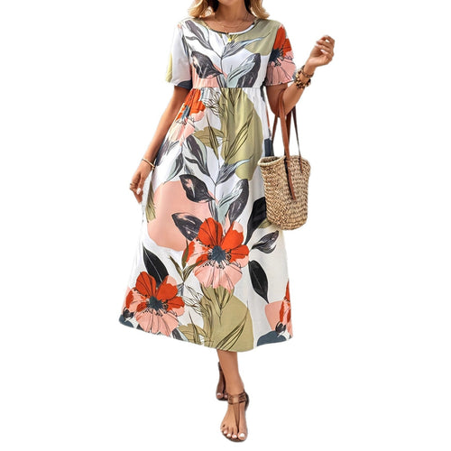 Damen Maxi-Kleid mit floralem Design und elastyischem Bund EB