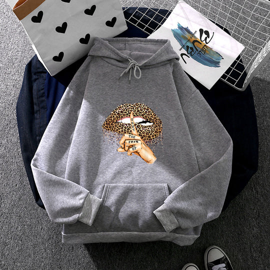 Damen nan oversized Fleece-Hoodie mit Leoparden-Lippen-Motiv, Kängurutasche und gerippten Bündchen EB