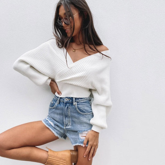 Damen nan gestrickter Off-Shoulder Cropped-Pullover mit Wickeloptik und Ballonärmeln EB