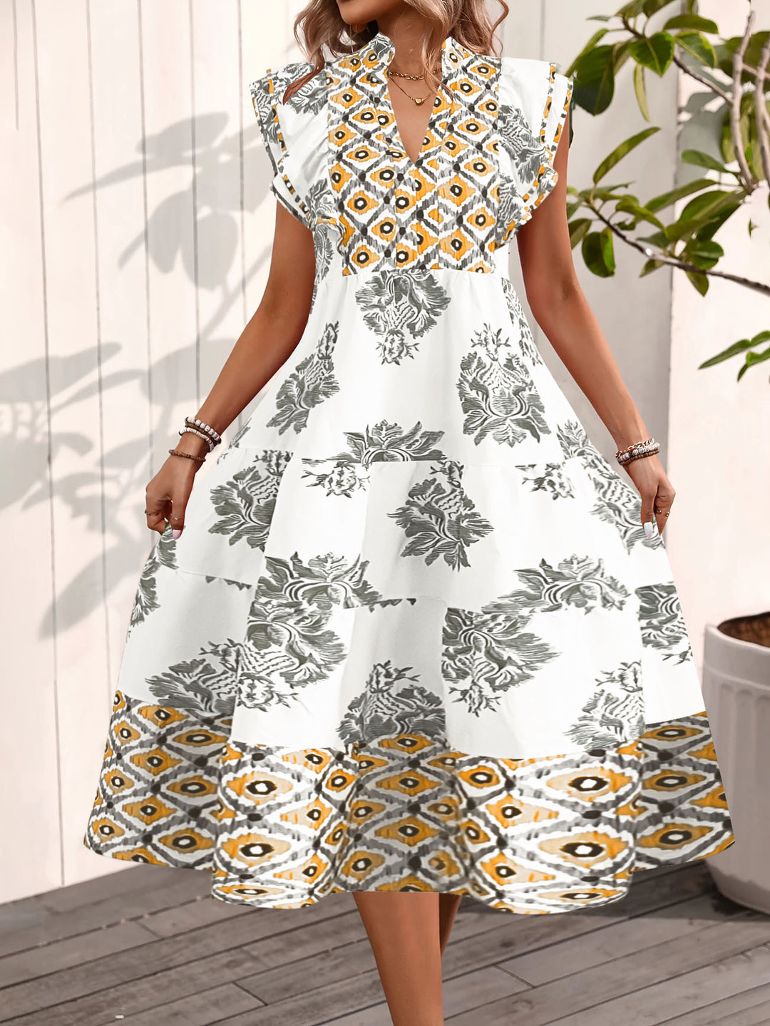 Damen Casual Blusenkleid mit floralem Muster und modernem V-Ausschnitt EB