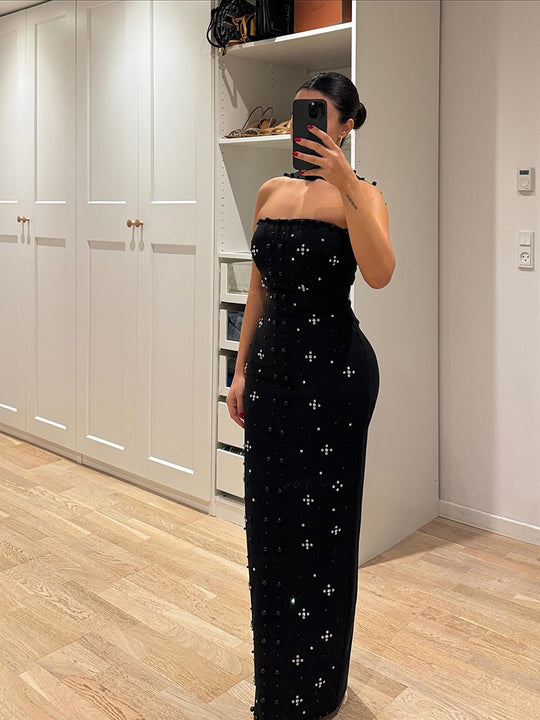 Damen Couture Maxikleid mit schimmernden Pailletten und strapless Design EB