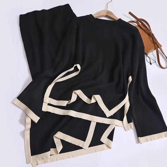 Damen modisches Strick-Loungewear-Set mit dekorativem Kontrastsaum EB