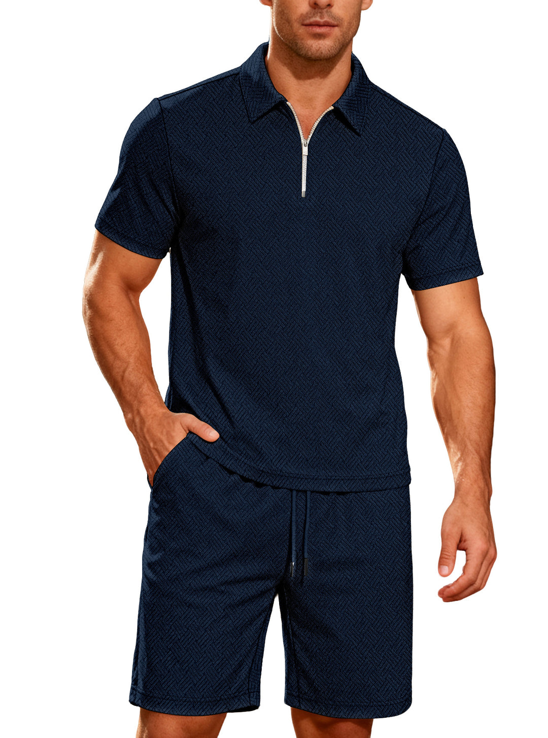 Herren nan komfortables Lounge-Zweiteiler aus strukturierter Baumwollmischung mit Halbzip-Poloshirt und Kordel-Shorts EB