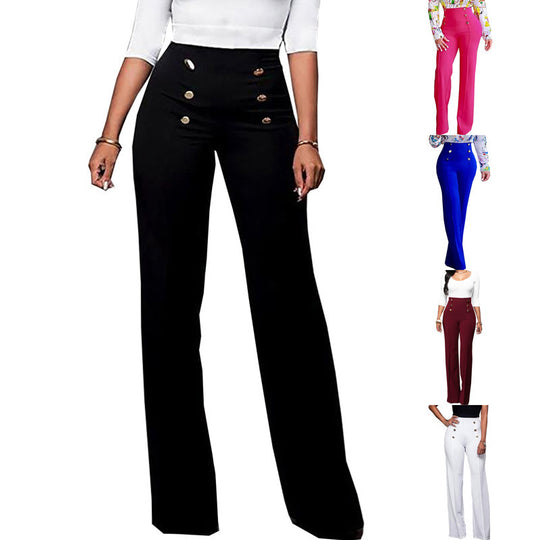 Damen Elegante High-Waist Hose mit dekorativen Knöpfen EB