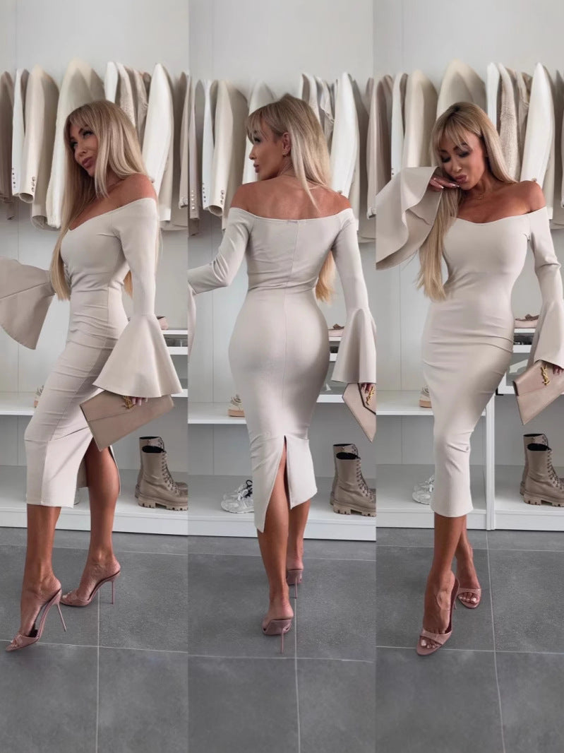 Damen Wickelkleid mit schulterfreiem Design und eleganten Trompetenärmeln EB
