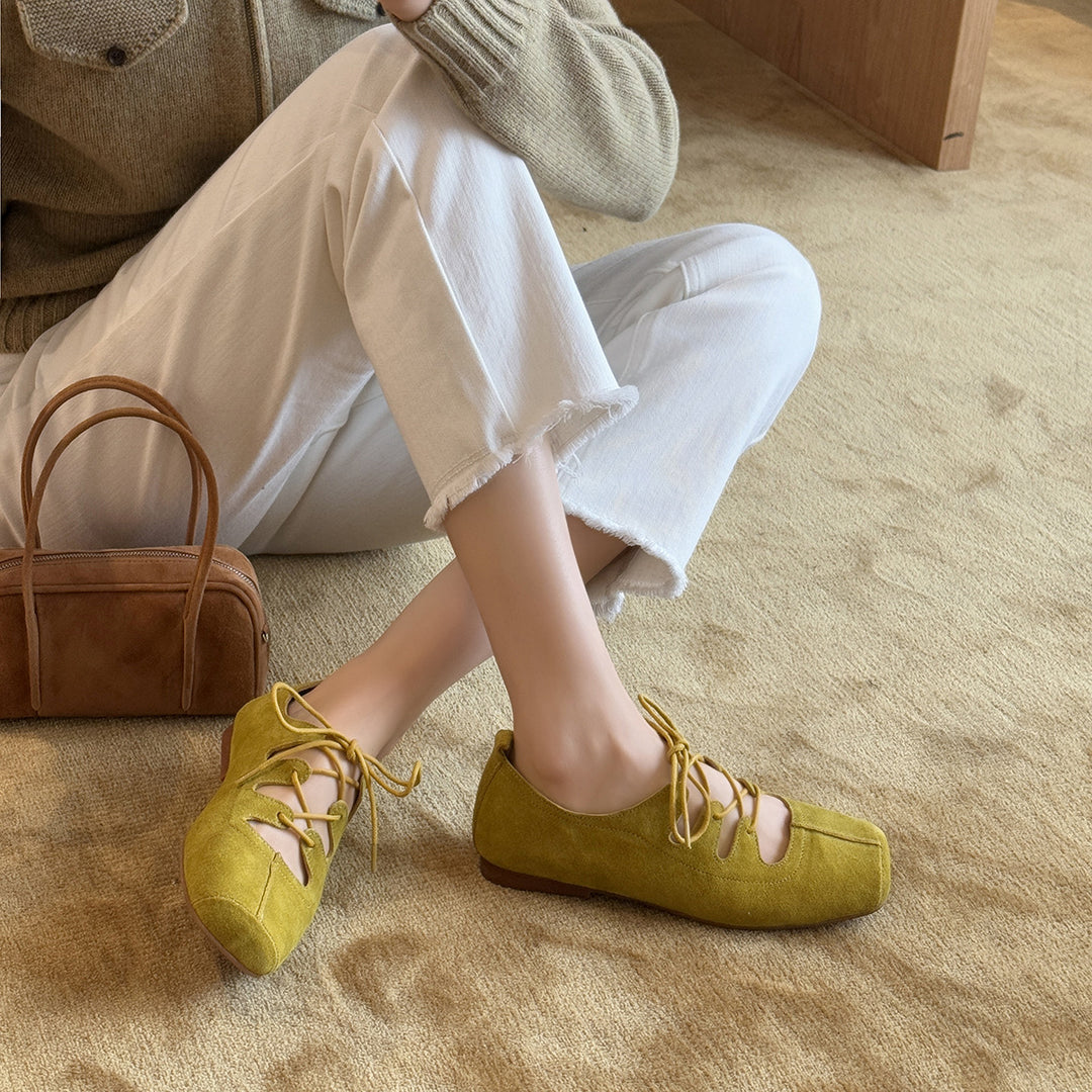 Damen Komfortable Wildleder Ballerinas mit Schnürung EB