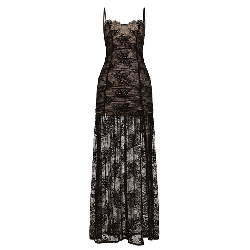 Damen Spitzen-Midi-Kleid mit transparentem Futter und raffinierten Trägern EB