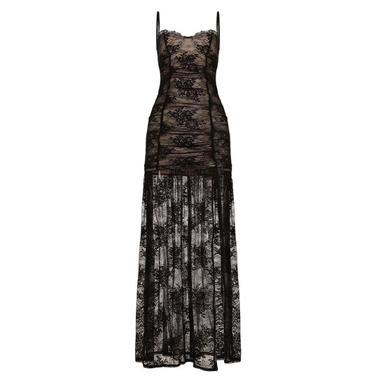 Damen Spitzen-Midi-Kleid mit transparentem Futter und raffinierten Trägern EB