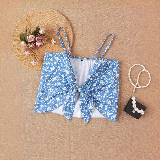 Damen Crop-Top mit floralen Rüschendetails und Schleifenbund EB