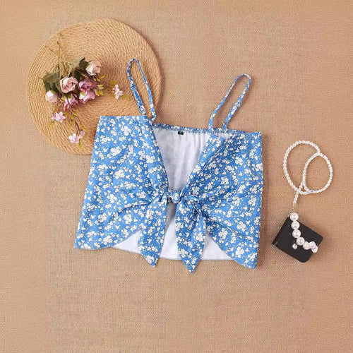 Damen Crop-Top mit floralen Rüschendetails und Schleifenbund EB