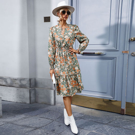 Damen Midi-Kleid mit floralen Rüschen und elegantem Stehkragen EB
