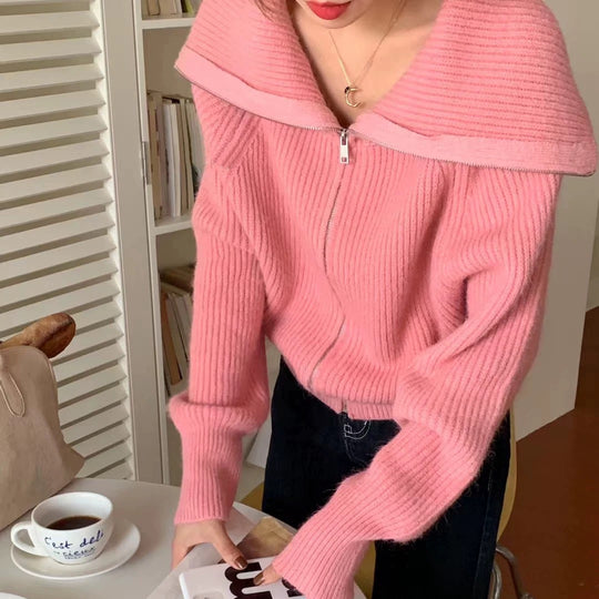 Damen Modischer Oversized-Pullover mit Kragen und Reißverschluss EB