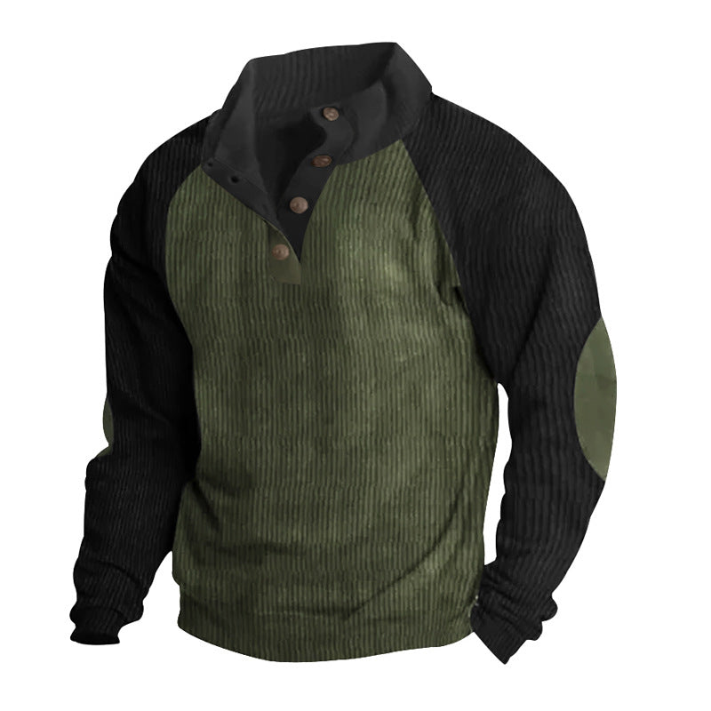 Herren Strukturiertes Raglan-Henley-Pullover mit Stehkragen, Ellenbogenpatches & Knopfleiste EB