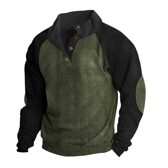 Herren Strukturiertes Raglan-Henley-Pullover mit Stehkragen, Ellenbogenpatches & Knopfleiste EB