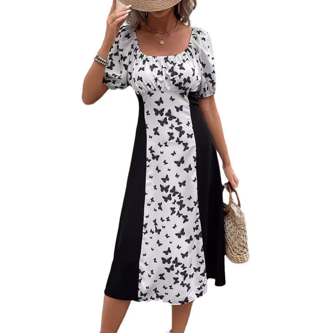 Damen Maxikleid mit Puffärmeln und Schmetterlingsmuster EB