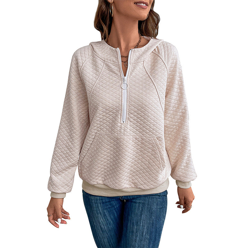 Damen Stepp‑Sweatshirt mit Halbzip, Kapuze und Kängurutasche EB