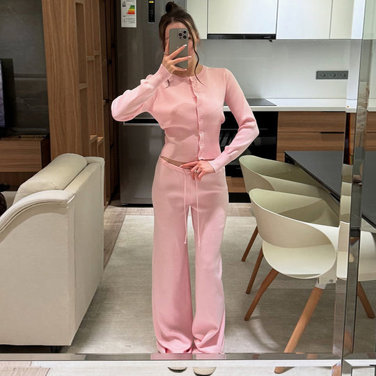 Damen Bequemes Strick-Loungewear-Set mit Knopfleiste EB