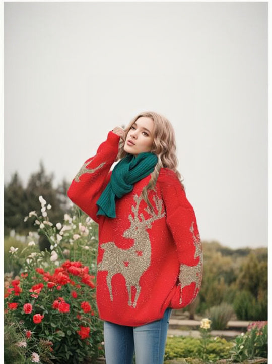 Damen kuscheliger Strickpullover mit festlichem Schneeflocken-Motiv EB