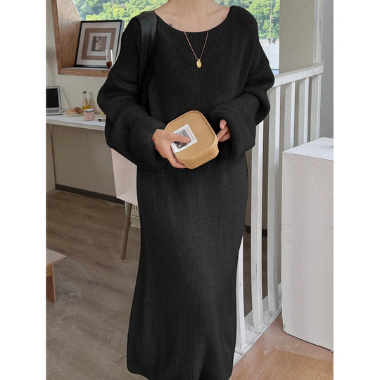 Damen Langes, gemütliches Strickkleid mit weitem Schnitt und Rundhalsausschnitt EB