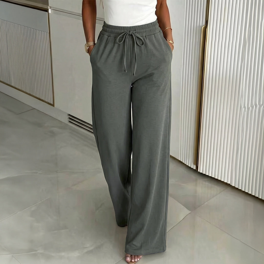 Damen nan weite High‑Waist Leinenhose mit elastischem Tunnelzugbund und Seitentaschen EB