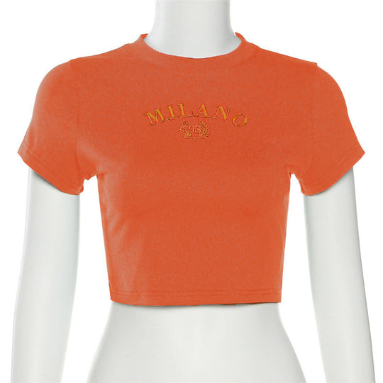 Damen cropped T-Shirt mit gesticktem Schriftzug und rundem Ausschnitt EB