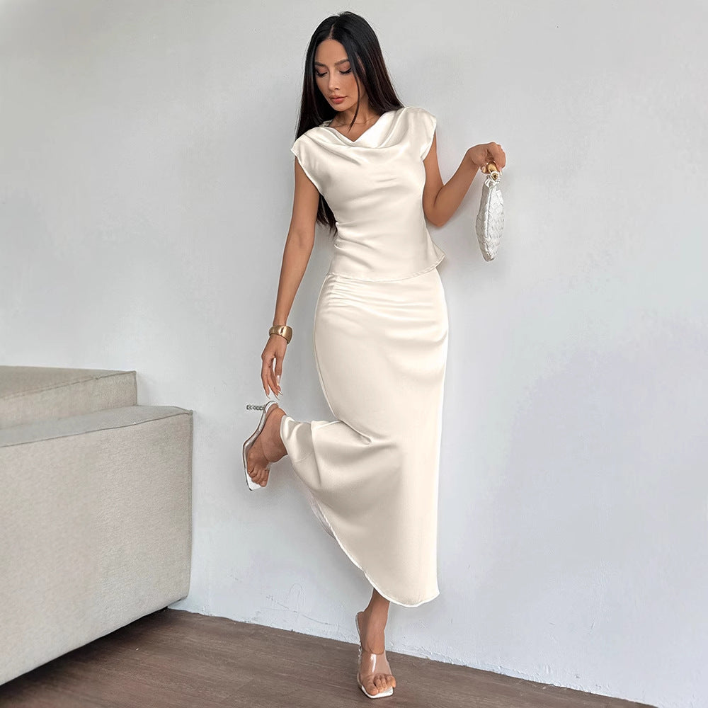 Damen elegantes Abendkleid mit fließendem Stoff und raffiniertem Halsausschnitt EB