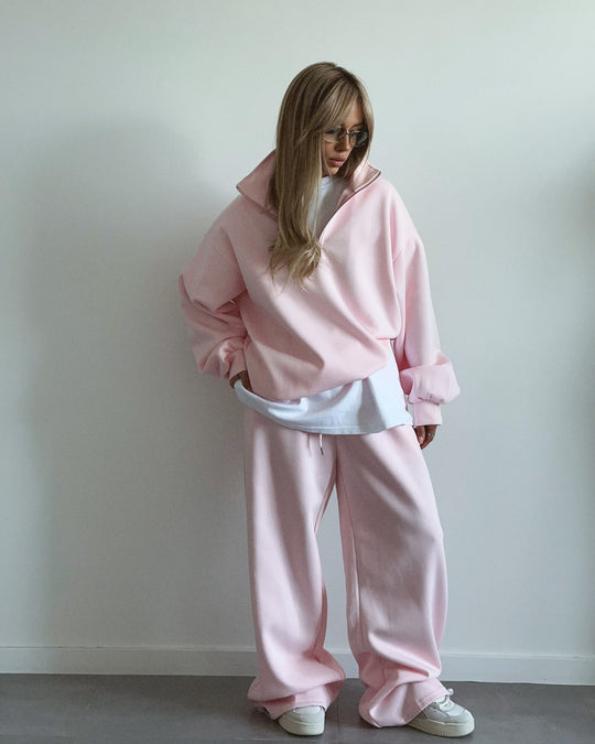 Damen nan Oversize Halbzip-Pullover mit Stehkragen und weitem Lounge-Hose-Set EB