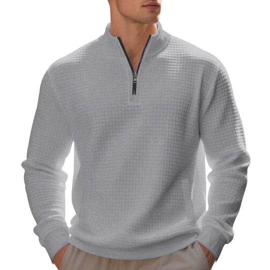 Herren Waffelstrick-Halbzip-Pullover mit Stehkragen, Kängurutasche & gerippten Abschlüssen EB