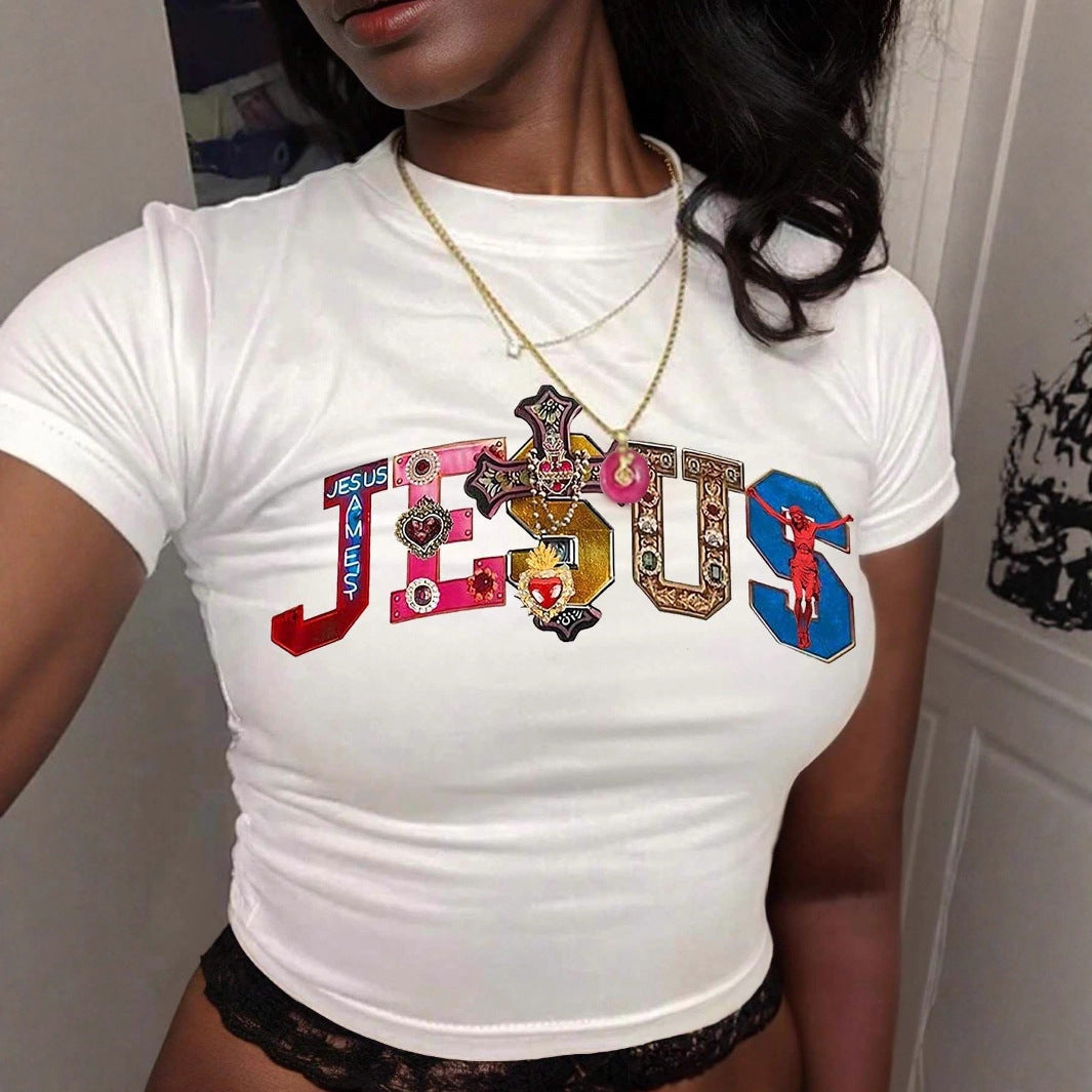 Damen Kurzarm Crop-T-Shirt mit witzigem Schriftzug EB