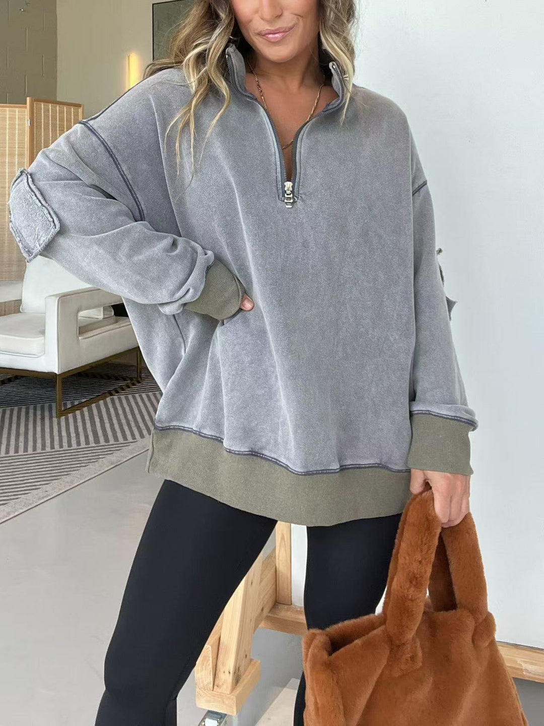 Damen Bequemer Pullover mit halbem Reißverschluss EB