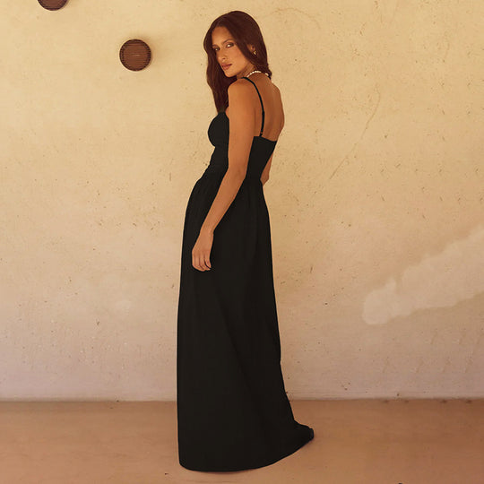 Damen elegantes Maxikleid mit feinen Spaghettiträgern und fließendem Rock EB