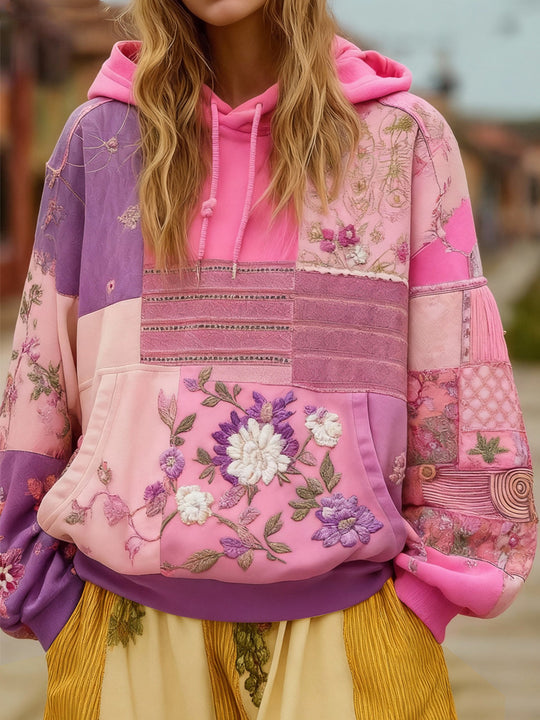 Damen Bestickter Patchwork-Kapuzenpullover mit Blumenapplikation und Kängurutasche EB
