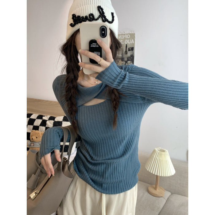 Damen Langarmshirt mit offener Schulterpartie und Rippstrickmuster EB