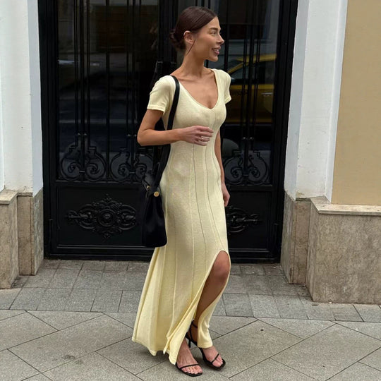 Damen elegantes figurbetontes Maxikleid mit V-Ausschnitt EB