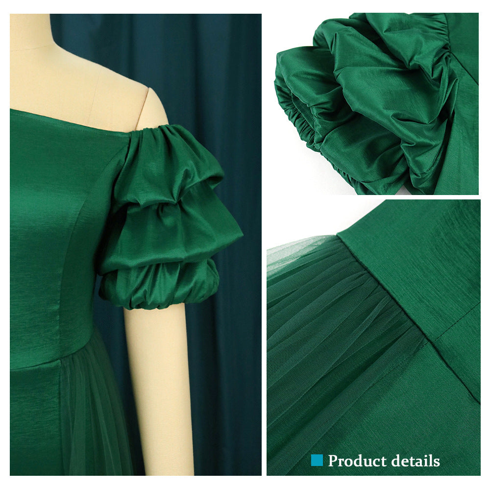 Damen Elegantes Tüllkleid mit asymmetrischem Ausschnitt und voluminösen Puffärmeln EB