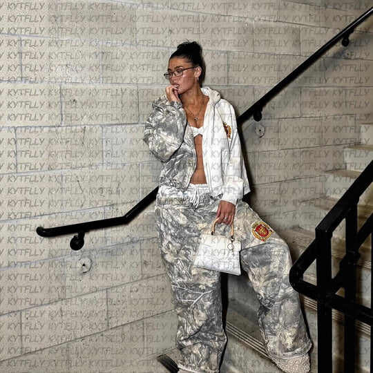 Damen Camouflage Jogginghose mit elastischem Bund und seitlichen Taschen EB