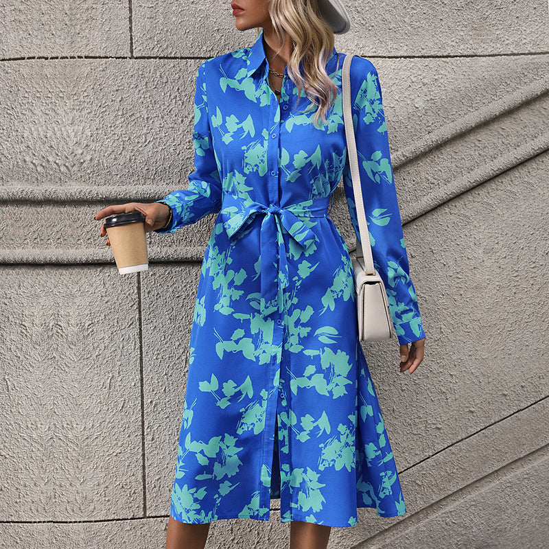 Damen langärmliges Maxikleid mit floralen Mustern und elegantem Gürtel EB