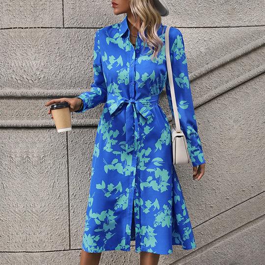 Damen langärmliges Maxikleid mit floralen Mustern und elegantem Gürtel EB
